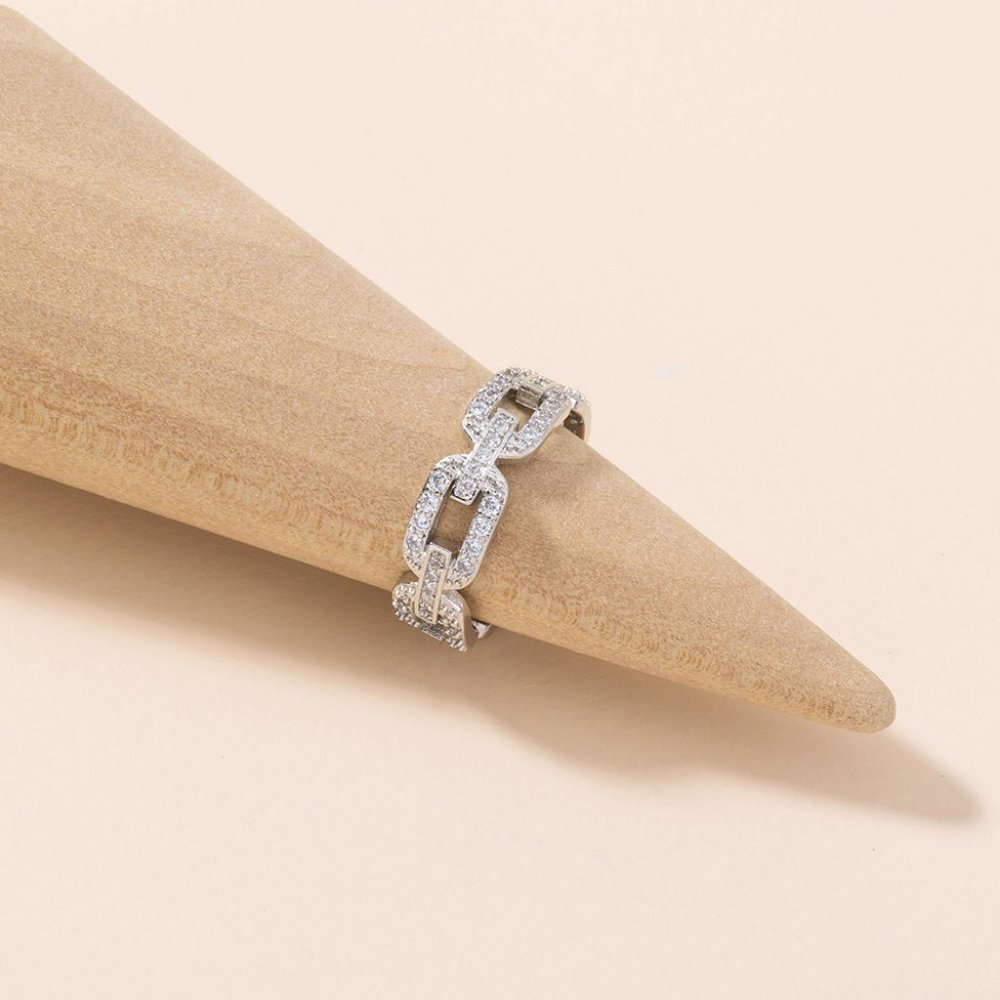 NEW SILVER CUBAN LINK RHINESTONE ADJUSTABLE RING